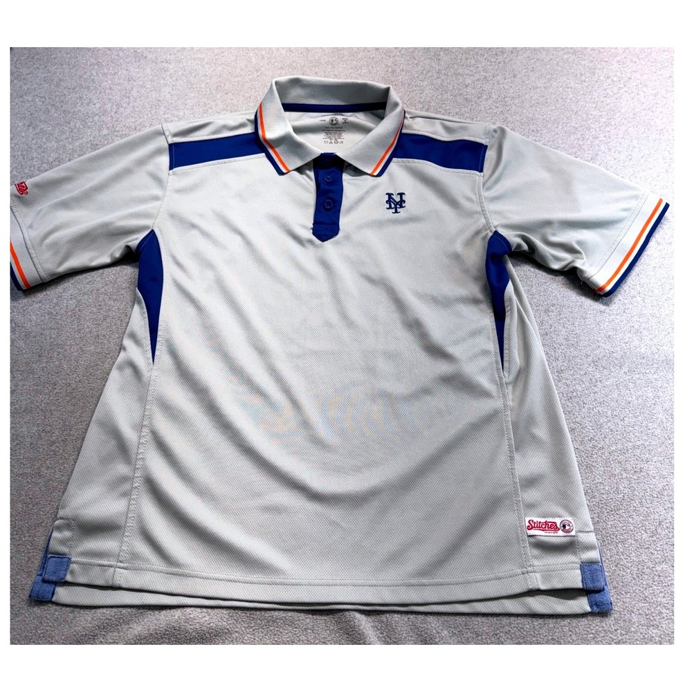 New York Mets Stitches MLB Mens L Polo Shirt Gray Blue Orange Baseball Sporty